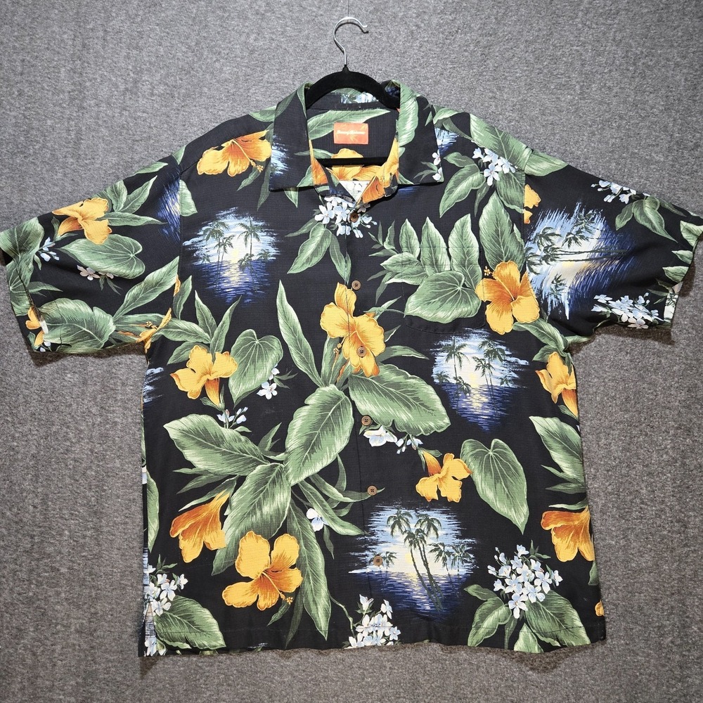 Tommy Bahama Shirt Mens XL Silk Black Floral Loop Collared Aloha‎ Tiki